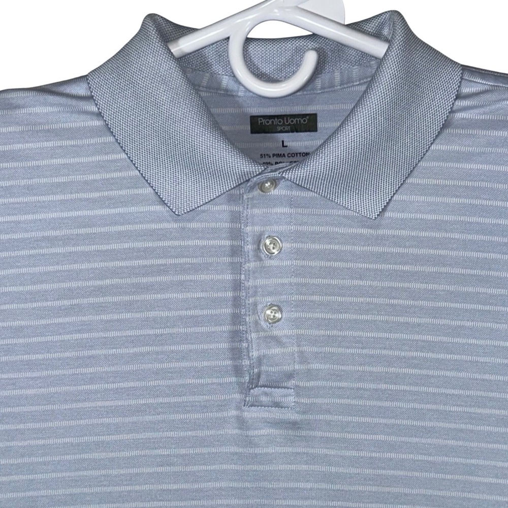 Pronto Uomo Sport Mens Large Blue White Striped Pima Cotton Blend Polo Shirt